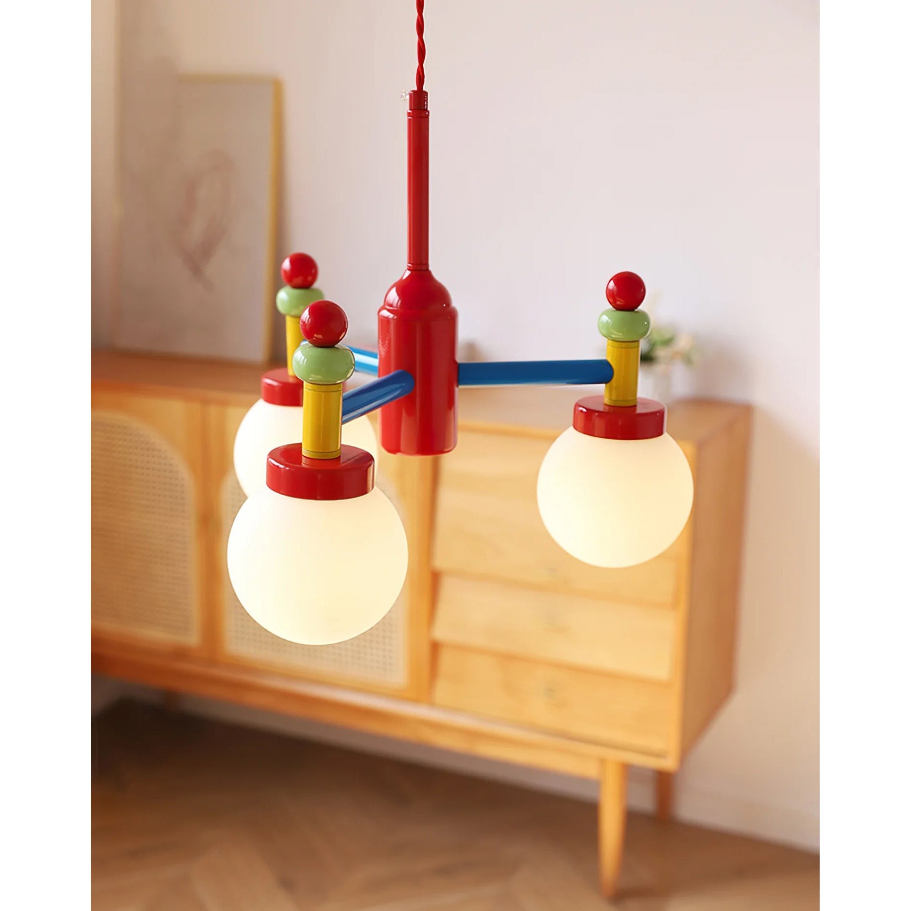 Junit Art Chandelier with five opal glass globes and red, blue, yellow and green hardware